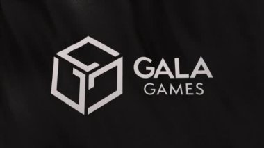 Gala Oyunları GALA madeni para simgesi simgesi siyah bayrak arkaplan üzerinde. DeFi borsasında işlem güvence altına almak için blockchain teknolojisi kullanan şifreleme ve fintech için 3D animasyon.