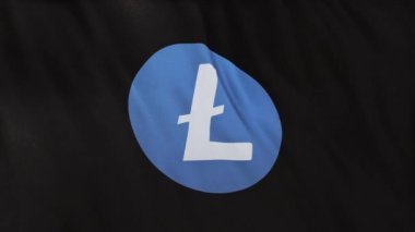 LTC Litecoin madeni para simgesi logosu siyah bayrak arkaplanında. DeFi borsasında işlem güvence altına almak için blockchain teknolojisi kullanan şifreleme ve fintech için 3D animasyon.