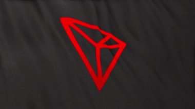 Gri bayrak arka planında TRX Tron Coin simgesi logosu. DeFi borsasında işlem güvence altına almak için blockchain teknolojisini kullanarak şifreleme ve fintech için 3D animasyon.