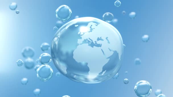 Planeta Země Křišťálově Průhledné Kapce Pozadí Modré Bubliny Zobrazující Afriku — Stock video