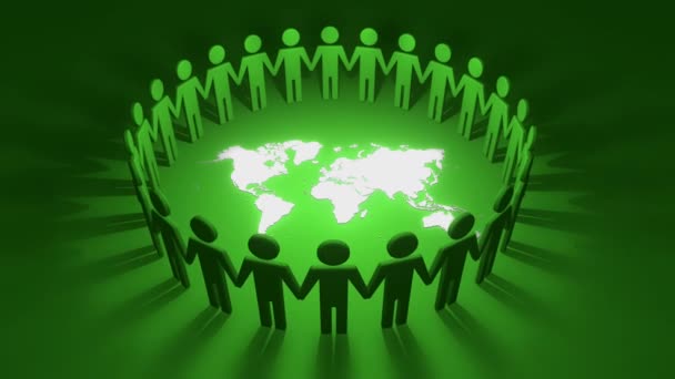 一群精雕细琢的人手牵着手 围绕着绿色背景的白色世界地图形成了一个相互联系的联盟与合作的圈子 社区和融合的3D动画概念 — 图库视频影像