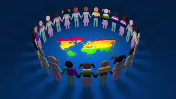 Lgbtqのカットアウトグループは 世界中のつながったサークルとして手を握っています レズビアン クィア ジェンダー 人種コミュニティの3Dアニメーションコンセプトループ 性的指向における多様性 — ストック動画