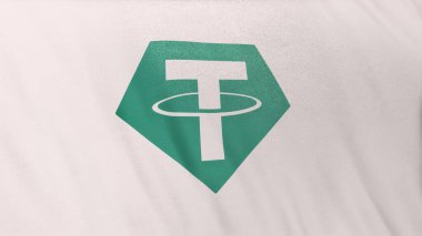 Beyaz bayrak arkaplanında USDT Bağlayıcı Sikke simgesi logosu. DeFi borsasında işlemleri güvence altına almak için engelleme teknolojisi kullanan şifreleme ve fintech için 3D illüstrasyon kavramı.