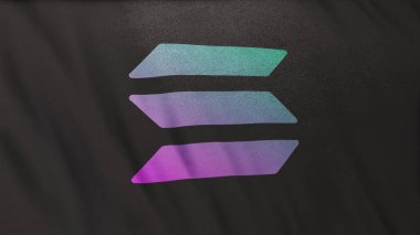 Gri bayrak arkaplanında SOL Solana Sikke simgesi logosu. DeFi borsasında işlem güvence altına almak için blockchain teknolojisini kullanarak kripto para ve fintech için 3B illüstrasyon kavramı.
