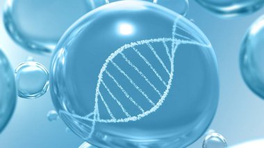 Güzellik derisi ve tıbbi sağlık hizmeti 3 boyutlu illüstrasyon konsepti. Saf şeffaf makro sıvı yağ balonu. Mavi fütüristik arka planda beyaz sarmal ve ürün tanıtımı olarak gerçekçi damlacıklar..