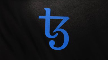 Tezos Lite XTZ sikke simgesi siyah bayrak arkaplanında. DeFi borsasında işlemleri güvence altına almak için engelleme teknolojisi kullanan şifreleme ve fintech için 3D illüstrasyon kavramı