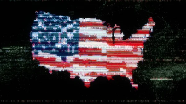 抽象的なデジタルコードの背景の米国のシルエットの米国旗にグリッチ 国家のサイバーセキュリティ意識 安全なインターネット 詐欺攻撃のための3Dイラストコンセプト — ストック写真