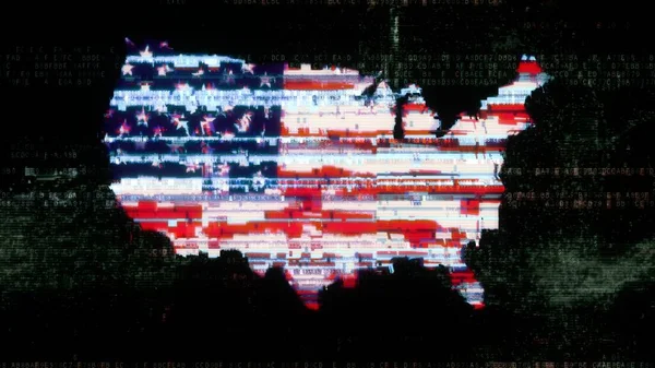 在抽象数字编码背景上的美国地图轮廓中闪烁着美利坚合众国国旗 关于国家网络安全意识 安全互联网和欺诈袭击的3D说明概念 — 图库照片