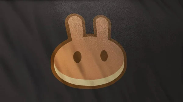 Logo Ikon Cake Pancakeswap Coin Pada Latar Belakang Bendera Abu — Stok Foto