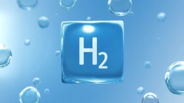 H2 Hidrojen başlıklı su kabarcığı küpü. Su molekülü şeffaf tarzda ile bilgi grafikleri arka planı için 3D animasyon. Yenilenebilir yakıt yeşil enerji ekolojisi, biyoloji ve biyokimya kavramı.