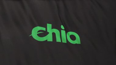 Siyah bayrak arkaplanında XCH Chia Coin simgesi logosu. DeFi borsasında işlem güvence altına almak için blockchain teknolojisini kullanarak şifreleme ve fintech için 3D animasyon.