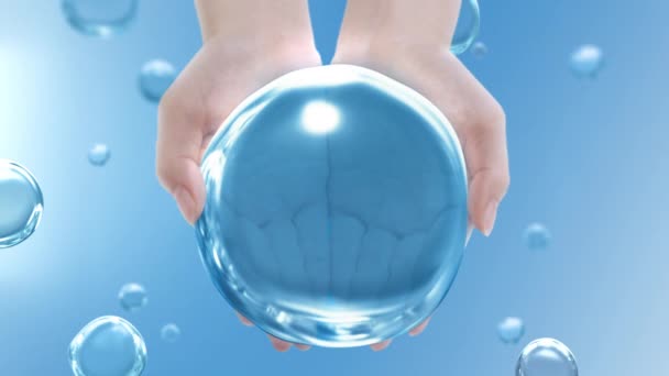 Vrouwelijke Handen Samengehouden Schoon Water Druppel Blauwe Bubbel Achtergrond Animatie — Stockvideo