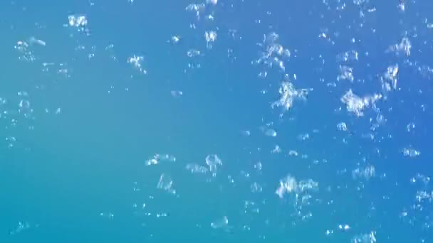 排泄泡沫 清洁化妆品 卫生或更新可再生能源 在全框架宏的水下透明的化妆品蓝色气泡的演播室拍摄 带有选择性聚焦模糊 3D动画 — 图库视频影像