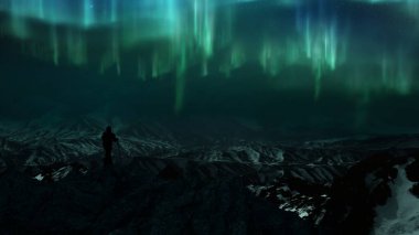 Siluette bir adam buzlu kayaların zirvesinden kutup ışıklarını seyrediyor. Karanlık alacakaranlık buzul manzarasının 3 boyutlu tasviri, geniş ruhani aurora borealis doğa arka planı.