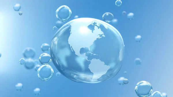 行星地球的美洲半球在蓝色气泡背景上的晶体透明下降 世界水日 清洁可持续资源和全球气候变化的三维动画概念 — 图库照片
