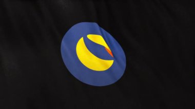 Siyah bayrak arkaplanında Terra LUNA madeni para simgesi logosu. DeFi borsasında işlem güvence altına almak için blockchain teknolojisi kullanan şifreleme ve fintech için 3D animasyon.