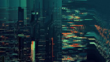 İltica eden HUD arayüzü soyut dijital kodlu 3d illüstrasyon. Bilgisayar arızası kavramını, uzaylı iletişiminin şifreleme şifresi ve parçalarıyla örtüşen siber punk bilgisayar erimesi olarak algıla