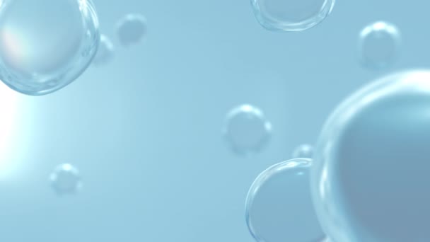 排泄泡沫 清洁化妆品 卫生或更新可再生能源 在全框架宏的水下透明的化妆品蓝色气泡的演播室拍摄 带有选择性聚焦模糊 3D动画 — 图库视频影像