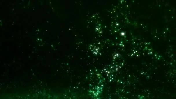 Neon Groene Zwerm Van Stijgende Gloeiende Deeltjes Lichtstrepen Feestelijke Glanzende — Stockvideo