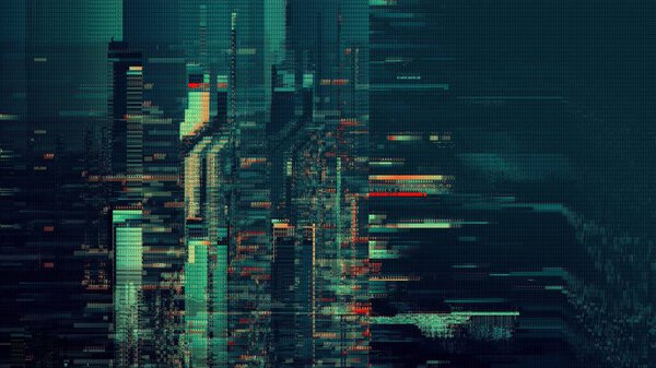 Defected  HUD interface 3d illustration with abstract digital code. Concept glitch background as cyberpunk computer meltdown overlay with fragments and hex code of alien communication decryption