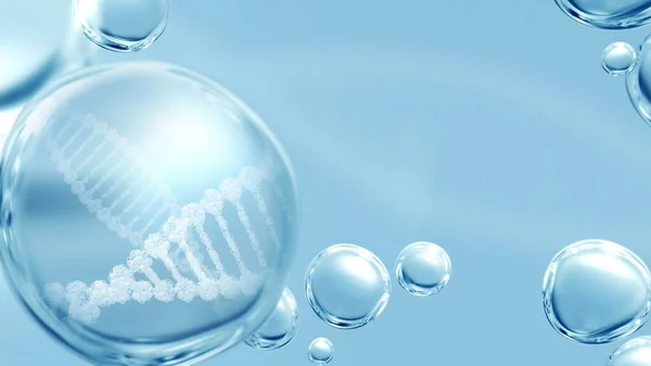 Beauty skincare and medical healthcare 3d illustration concept. Pure transparent macro liquid oil bubble. White helix on blue futuristic background with realistic droplets as product demo showcase.
