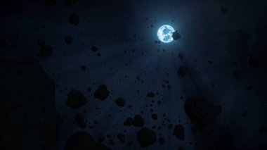 Beyaz cüce yıldız Sirius B, çorak kayalık asteroit alanının arkasında ortaya çıktı. Demir ve ağır elementlerin 3 boyutlu çizimini düşünün. Hidrojen yanması ve süpernova sonrasında yıldızlı rüzgarın yörüngesinde dönen uzay atıkları..
