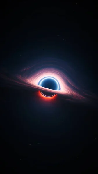 stock image Giant singularity in outer cosmos. Vertical astrophysics 3d illustration background. Interstellar black hole with glowing rotating accretion disk. Background cosmos of wormhole warped in curved space.
