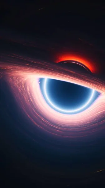 stock image Interstellar black hole in outer cosmos. Giant singularity with glowing rotating accretion disk. Vertical 3d illustration astrology background. Cosmos around wormhole warps space-time in curved space.