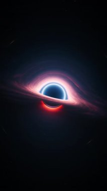Uzayda dev bir kara delik. Dikey 3D animasyon astrolojisi geniş açı. Yıldızlararası solucan deliği kozmik nebula gazının girdabında dönen karanlık bir yıldızdır ve yüksek sıcaklıkta tekilliğin yörüngesindedir.