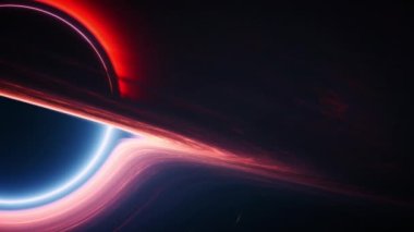 Dış evrendeki süper kütleli tekillik. Kütleçekimsel güçleri uzayı büken yıldızlar arası kara delik. Konsept 3D animasyon Dolly 'nin yakın çekimini takip ediyor. Olay ufkuna ve oluşturma diskine yakın çekim.