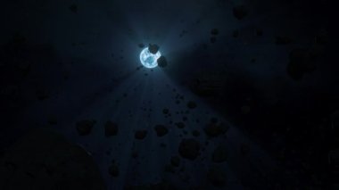 Beyaz cüce yıldız Sirius B ile düşman asteroit alanı. Dolly 'nin dönüşümlü 3 boyutlu animasyon çekimini hesapla. Kısır siyah demir kayalar uzayın yörüngesinde dönüyorlar. Süpernova sonrası helyum yangınının radyasyon rüzgarı.