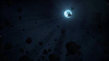 Beyaz cüce yıldız Sirius B, çorak kayalık asteroit alanının arkasında ortaya çıktı. 3D animasyon yüzen tava görüntüsü. Hidrojen yanması ve süpernova sonrasında yıldızlı rüzgarda dönen demir ve ağır elementler..