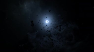 Beyaz cüce yıldız Sirius B, çorak kayalık asteroit alanının arkasında ortaya çıktı. Konsept 3 boyutlu animasyon geniş açıyı izliyor. Uzay enkazı ve kozmik toz bulutu düşman güneş radyasyonunda nötron yıldızının yörüngesindedir..