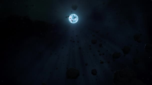 通过漂浮的荒芜岩石小行星场接近白矮星小天狼星B 概念3D动画跟踪镜头 超新星后氢气燃烧中在星风中运行的重元素岩石 — 图库视频影像