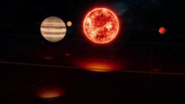 宇宙における重力線フレームシミュレーション 太陽系における相対性理論 太陽と周回する惑星の重力場グリッドの3Dアニメーション 前景のカメラ追跡サイドウェイ木星 — ストック動画