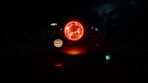 宇宙における重力線フレームシミュレーション 太陽系における相対性理論 太陽と周回する惑星の重力場グリッドの3Dアニメーション 量子物理学における質量曲げスペースと時間 — ストック動画