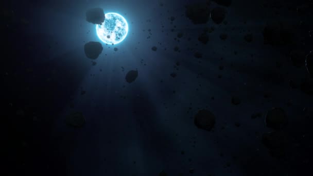 白矮星小天狼星B与敌对的岩石小行星场 概念3D动画旋转娃娃拍摄 巴伦黑铁岩带环绕太空运行 超新星后氦燃烧的辐射风 — 图库视频影像