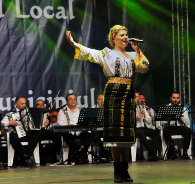 TARGU JIU ROMANIA, Mayıs 26, 2018, BUCOVINA 'nın kostümlü sanatçısı JARGU şehir günlerinden kalma, akreditasyon gerektirmeyen bir etkinlik. Pamuk ipliği, yaprak, güneş, haç gibi popüler motifler kullanılarak elde dikilmiş.