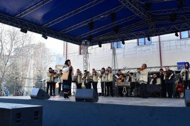 TARGU JIU, ROMANIA, ARMANIA 01 Aralık 2022 Romanya Ulusal Günü 'nde Trgu Jiu şehrinin merkezinde kent sakinlerinin de desteğiyle gerçekleştirilen gösterilerle