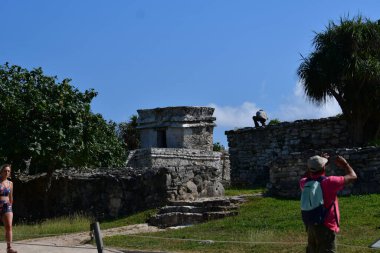 Tourists in Caribbean Sea, the jungle and Tulum fortressMost idyllic and impressive places in Latin America are turquoise sea,Caribbean beaches,jungle and Tulum fortress
