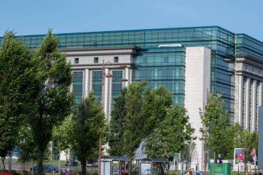 Modern office building in In Bucharest, Romania. Architectural detail of the facade.