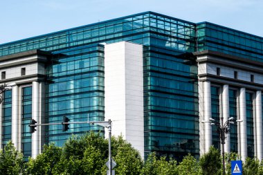 Modern office building in In Bucharest, Romania. Architectural detail of the facade.