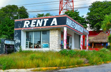 Old pavilion, terraces,traditional buildings,tropical plants in Riviera Maya, a Mexican paradise famous for its tourist base with luxury hotels and restaurants.