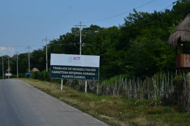 Old pavilion, terraces,traditional buildings,tropical plants in Riviera Maya, a Mexican paradise famous for its tourist base with luxury hotels and restaurants.