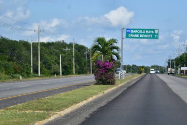 Old pavilion, terraces,traditional buildings,tropical plants in Riviera Maya, a Mexican paradise famous for its tourist base with luxury hotels and restaurants.