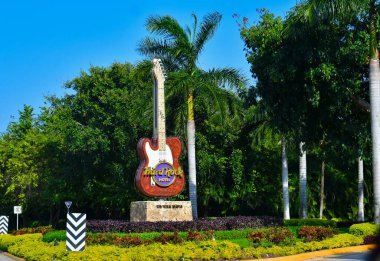 Old pavilion, terraces,traditional buildings,tropical plants in Riviera Maya, a Mexican paradise famous for its tourist base with luxury hotels and restaurants.