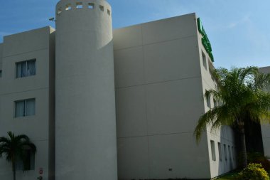 Old pavilion, terraces,traditional buildings,tropical plants in Riviera Maya, a Mexican paradise famous for its tourist base with luxury hotels and restaurants.