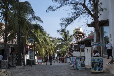 Old pavilion, terraces,traditional buildings,tropical plants in Riviera Maya, a Mexican paradise famous for its tourist base with luxury hotels and restaurants.