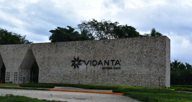Old pavilion, terraces,traditional buildings,tropical plants in Riviera Maya, a Mexican paradise famous for its tourist base with luxury hotels and restaurants.