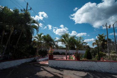 Old pavilion, terraces,traditional buildings,tropical plants in Riviera Maya, a Mexican paradise famous for its tourist base with luxury hotels and restaurants.